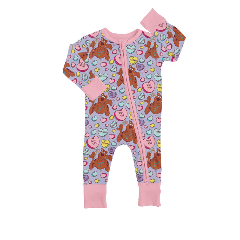 Baby Girls Long Sleeve Valentines Dogs Hearts Zip Rompers preorder(moq 5)