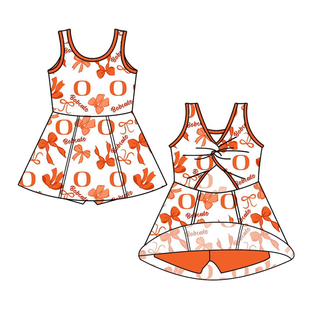 Preorder (moq 5)Baby Girls Sleeveless Bobcats Bows Team Shorts Knee Length Dresses