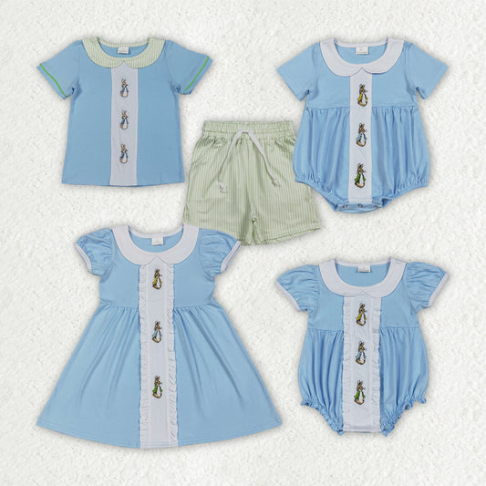 Sibling Baby Kids Short Sleeve Embroidery Rabbits Easter Set Dress Ruffle Rompers
