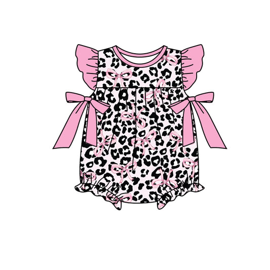 Infant Baby Girls Pink Leopard Bows Flutter Sleeve Rompers preorder(moq 5)