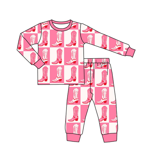 Baby Girls Western Pink Boots Top Pants Pajamas Clothes Sets preorder(MOQ 5)