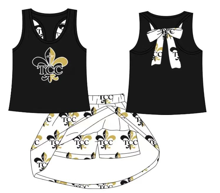 Preorder (moq 5)Baby Girls Black Saints bow vest team Top Skirt Skort Sets
