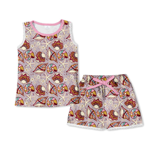 Baby Girls Seashells Summer Short Sleeve Top Shorts Pajamas Clothes Sets preorder(moq 5)