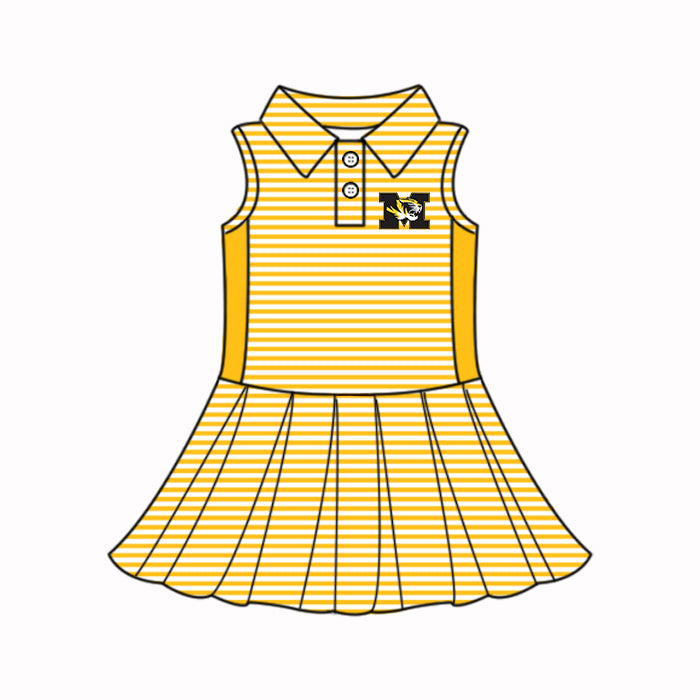 Preorder (moq 5)Baby Girls Yellow Stripe M Tigers Button Team Knee Length Dresses