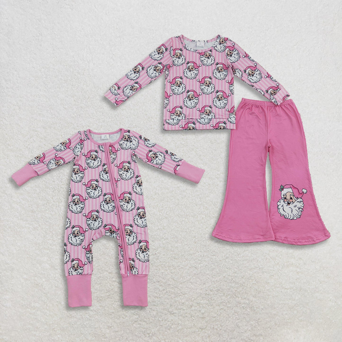 Sibling Baby Girls Pink Stripe Santa Flare Pant Christmas Clothes Set Zip Rompers