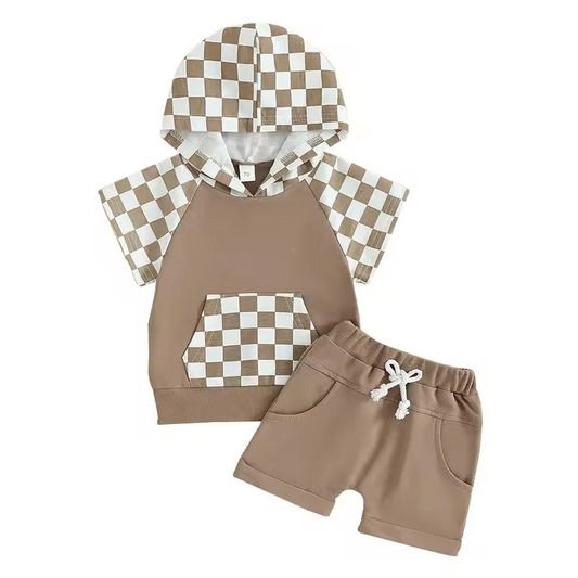 Baby Boys Khaki Checkered Hooded Top Shorts Clothes Sets preorder (moq 5)