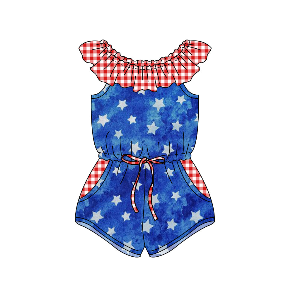 Baby Girls 4th Of July Stars Pockets Jumpsuits Preorder(moq 5)