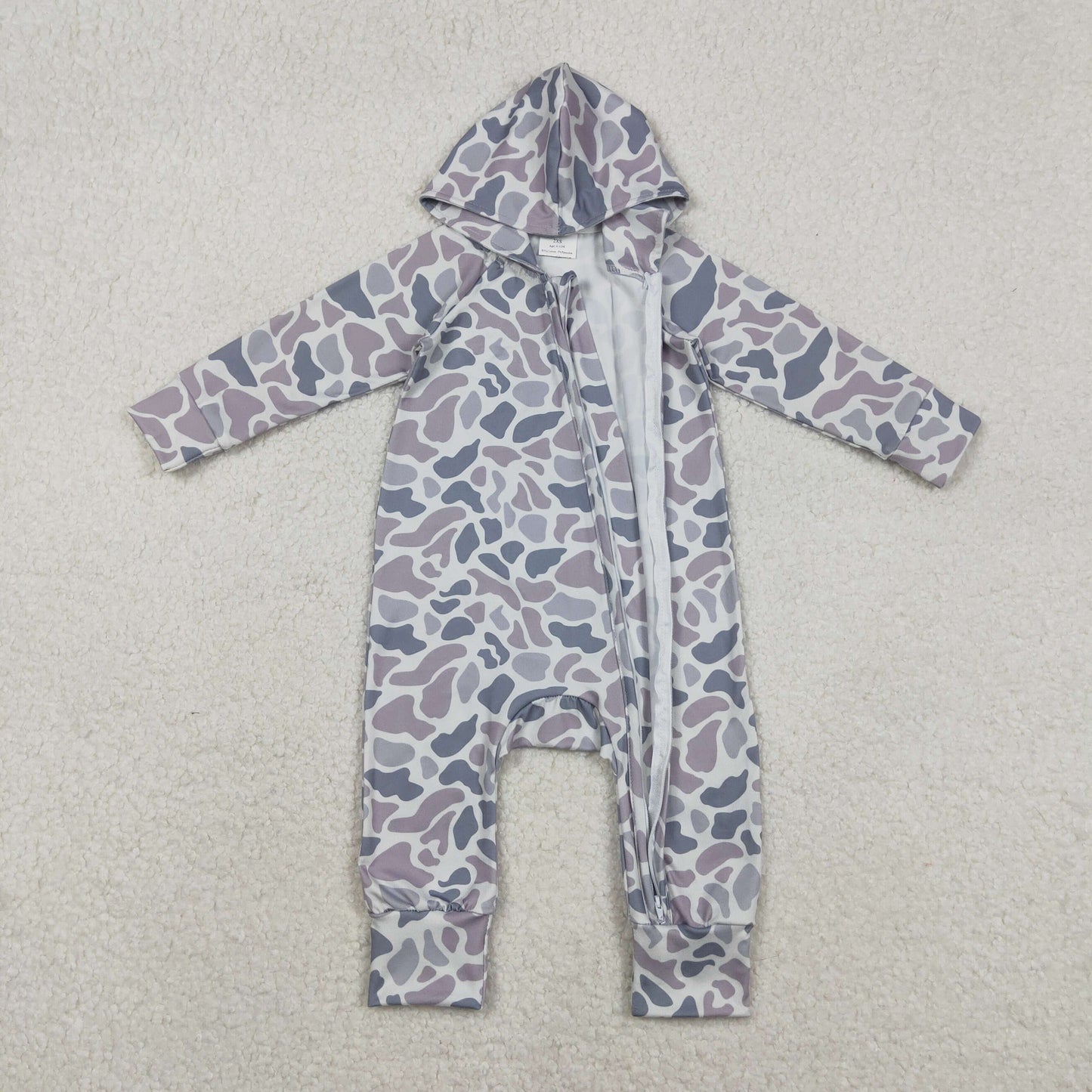 Baby Boys Grey Camo Hoodie Two Way Zip Convertible Rompers