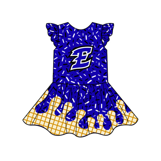 Preorder (moq 5)Baby Girls Blue E Team Flutter Sleeve Knee Length Dresses
