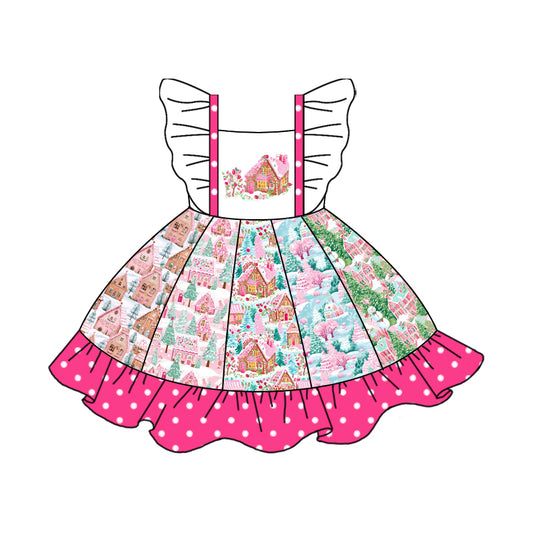 Baby Girls Pink Christmas House Ruffle Knee Length Dresses Preorder(moq 5)