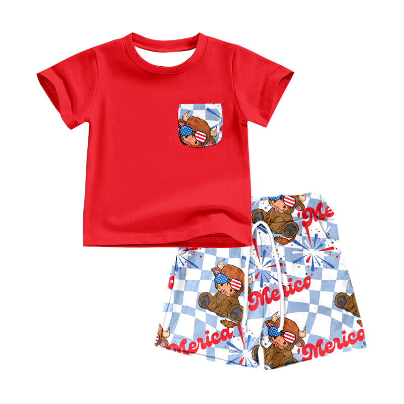 Baby Boys Pocket Shirt Highland Cow Shorts Pajamas Outfits Sets preorder(moq 5)