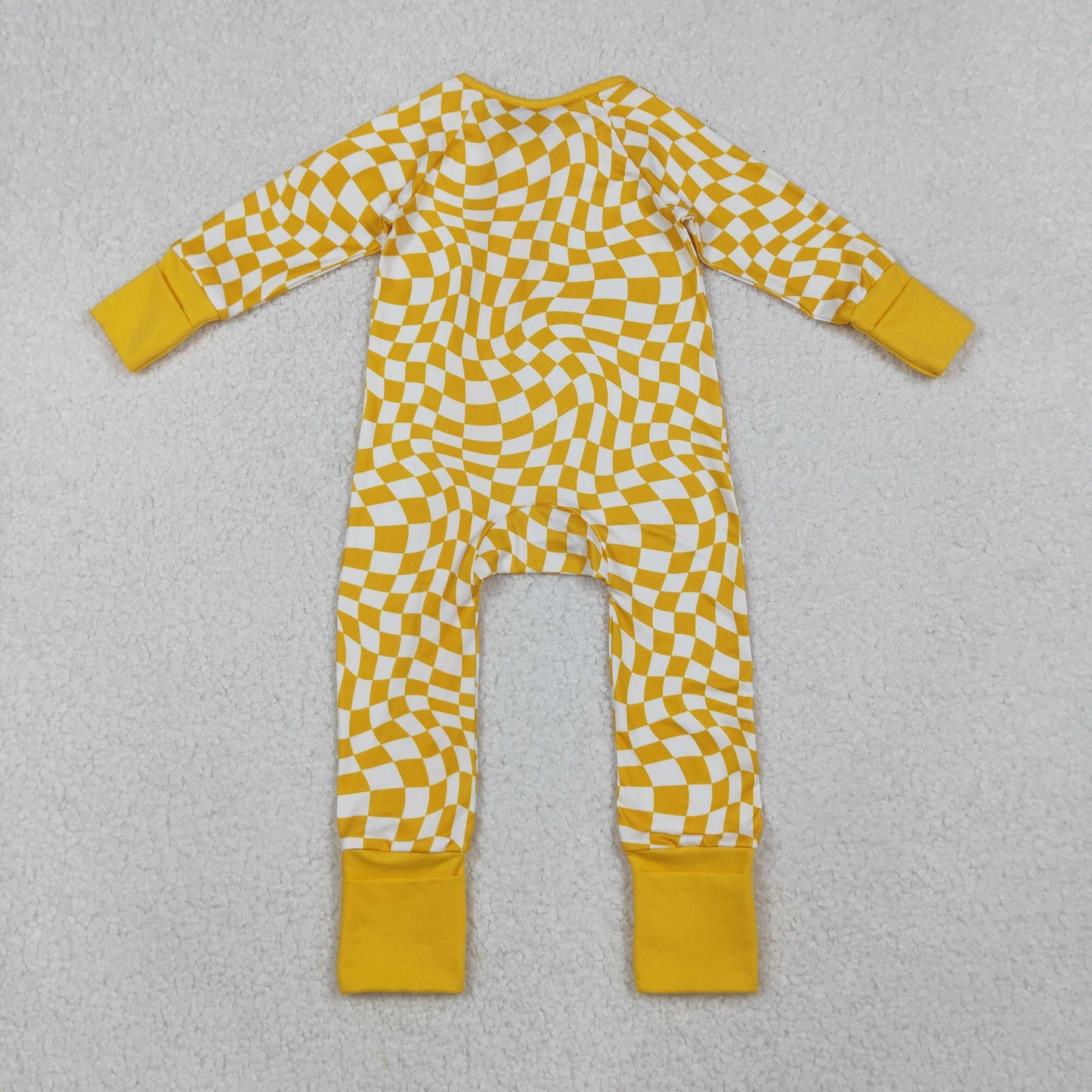 Baby Infant Boys Yellow Checkered Zip Footie Long Sleeve Rompers