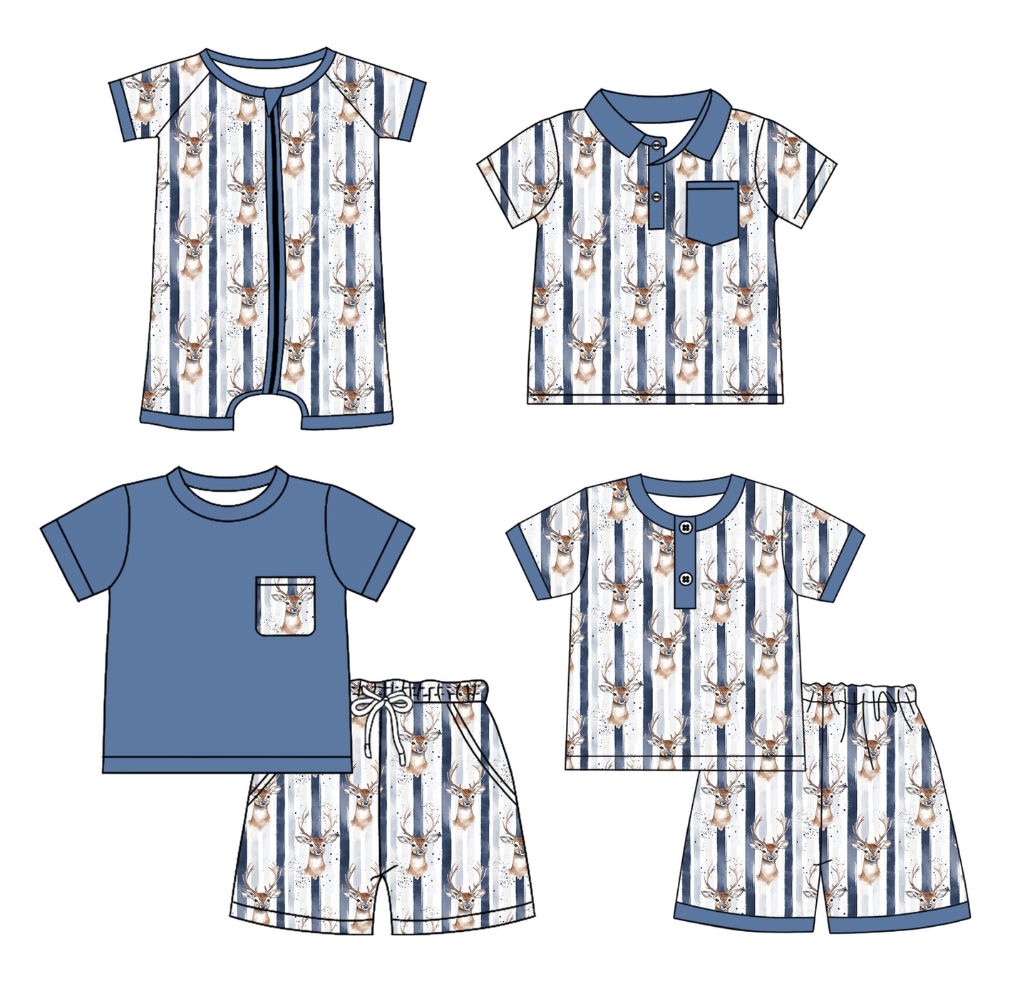 Preorder moq 5 Custom Baby Boys Blue Short Sleeves Deer Top Short Pajamas Set Polo Shirts And Zipper Rompers