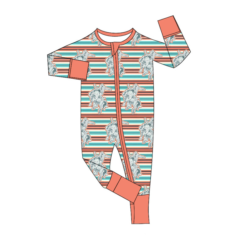 Baby Infant Boys Western Horse Stripes Zip Rompers preorder(moq 5)