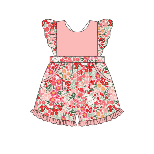 Preorder (moq 5)Baby Girls Red Pink Flowers Pockets Flutter Sleeve Jumpsuits