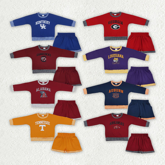 Sibling Baby Girls Vinyl Team Long Sleeves Top Pockets Short Clothes Sets