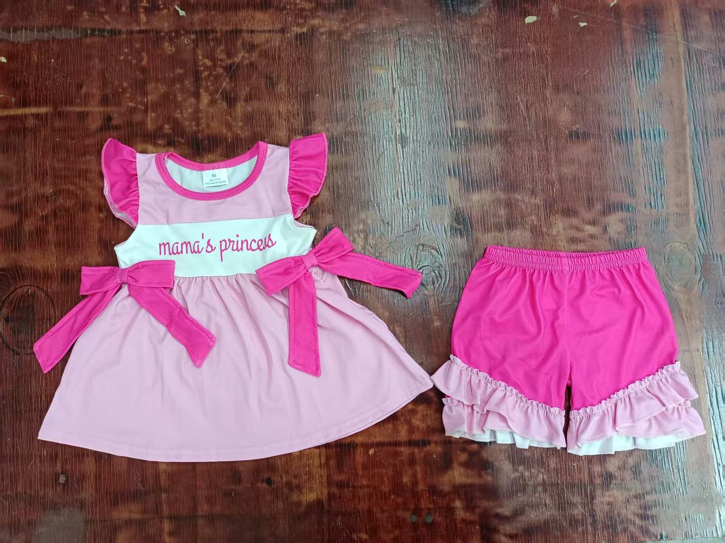 Preorder moq 5 Baby Girls Pink Flutter Sleeves Mama's Princess Bows Tunic Ruffle Shorts Set