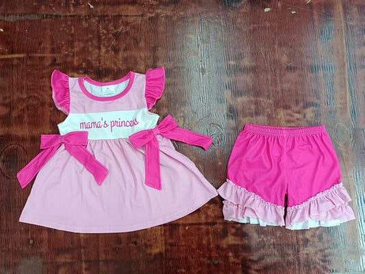 Preorder moq 5 Baby Girls Pink Flutter Sleeves Mama's Princess Bows Tunic Ruffle Shorts Set