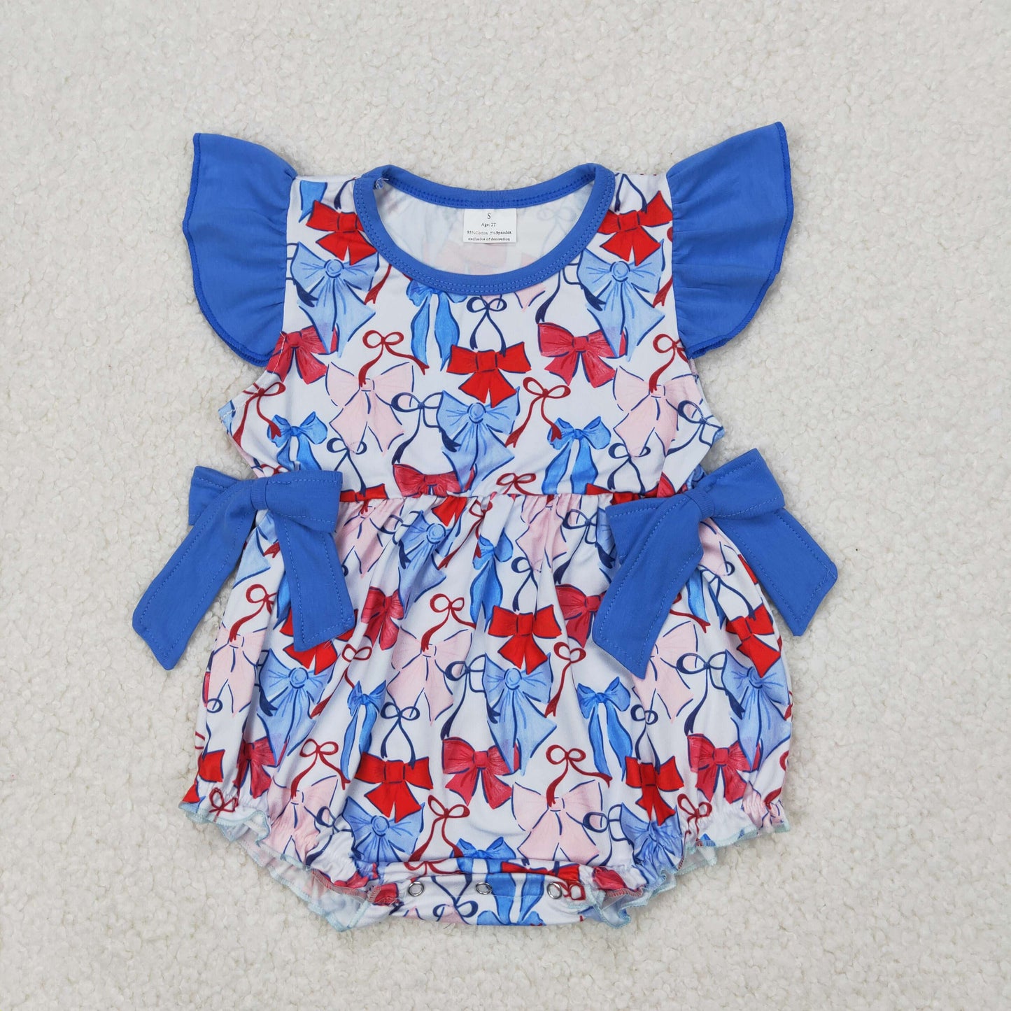 Baby Infant Girls Flutter Sleeves Blue Hot Bows 4th Of July Ruffle Rompers