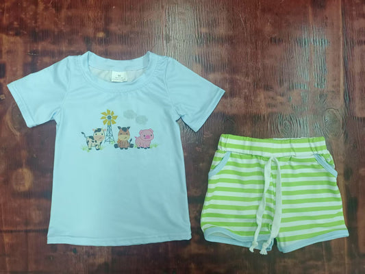 Preorder moq 5 Baby Boys Blue Short Sleeves Cows Pigs Top Green Stripe Pockets Short Set
