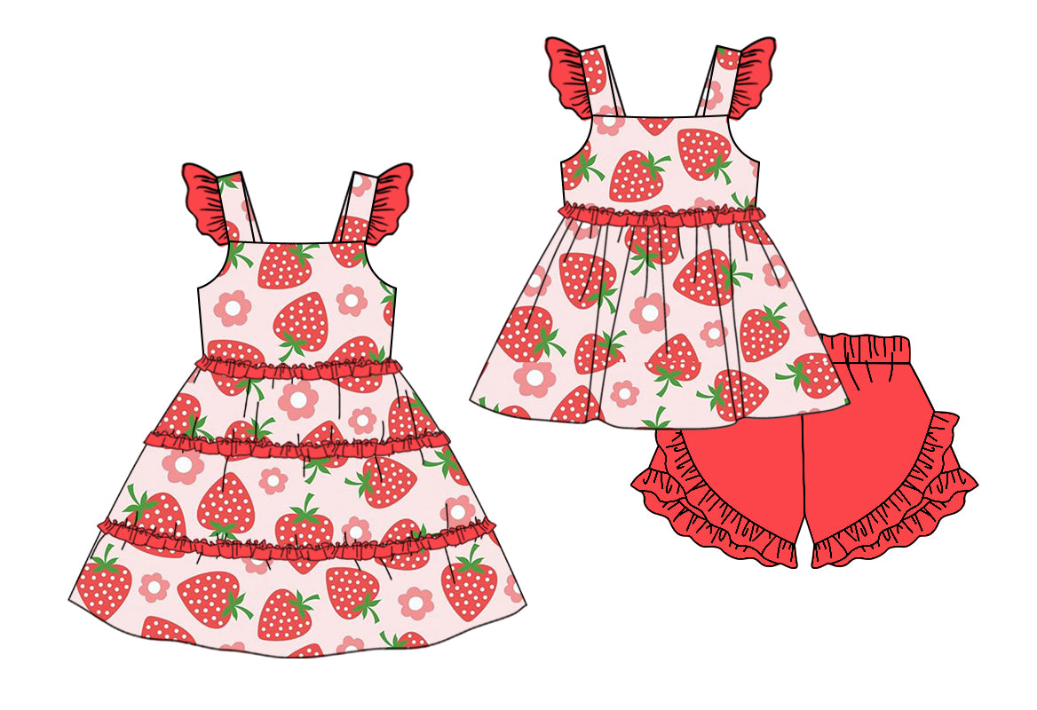 Preorder(moq 5 each) Baby Girls Strawberry Flowers Ruffles Summer Dress Shorts Sets