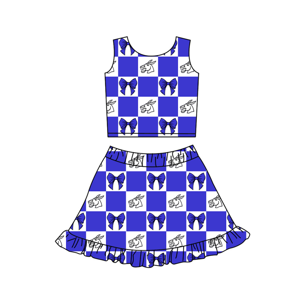 Preorder (moq 5)Baby Girls Blue Bows Mules Checked Vest Ruffle Skirt Short Team Clothes Sets