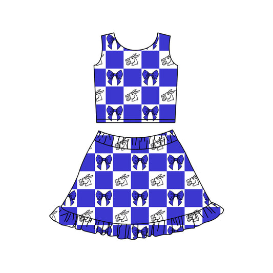 Preorder (moq 5)Baby Girls Blue Bows Mules Checked Vest Ruffle Skirt Short Team Clothes Sets