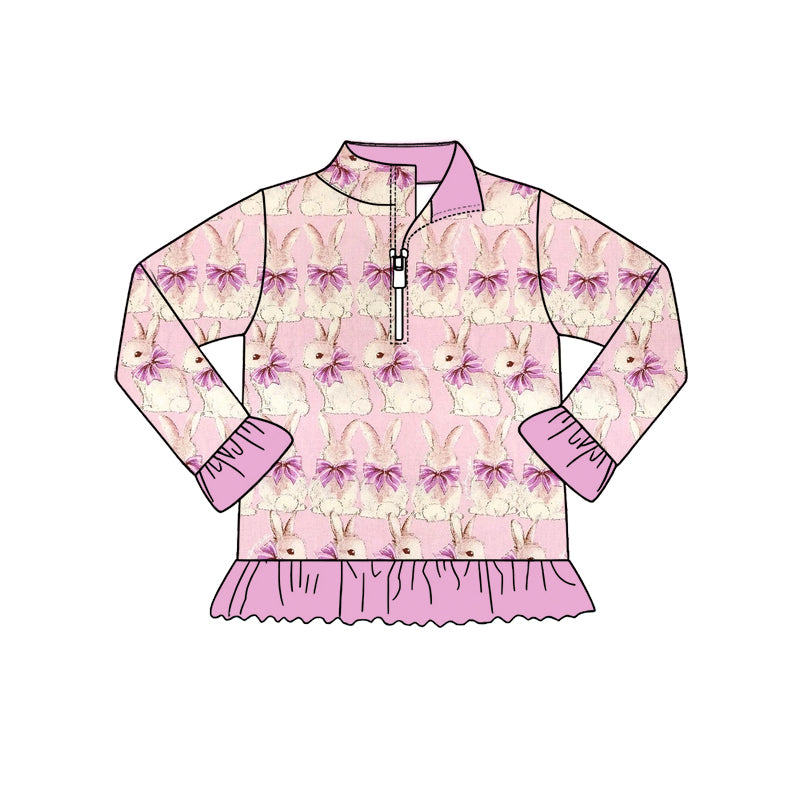 Preorder (moq 5) Baby Girl Clothes Vintage Bunny Purple Bow Allover Print Long Sleeve Quarter Zip Ruffle Hem Top