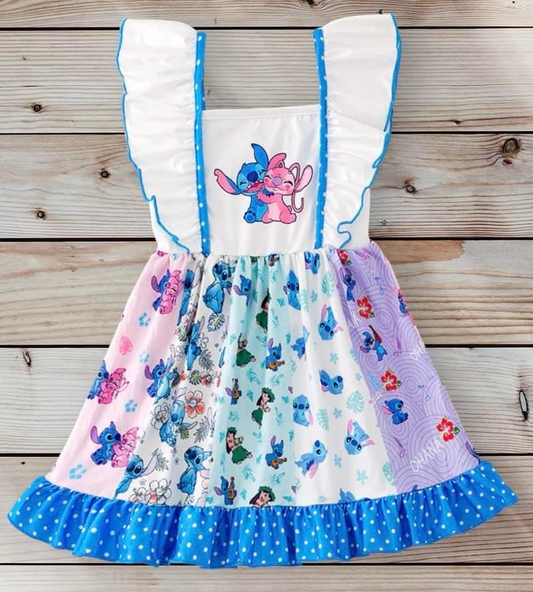 Baby Girls Blue Mouse Rainbow Ruffle Knee Length Dresses Preorder(moq 5)