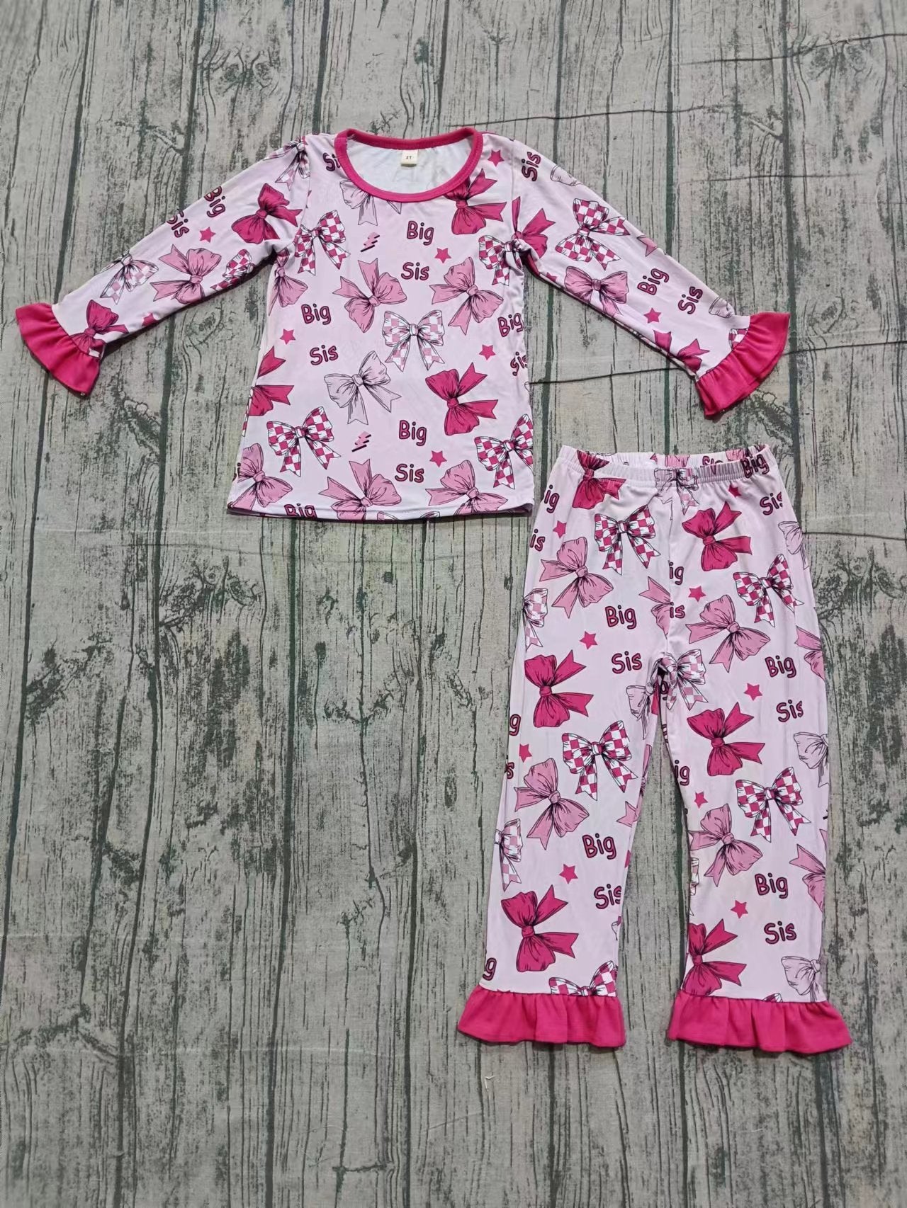 Baby Girls Pink Bows Big Sis Top Ruffle Pants Bamboo Pajamas Clothes Sets