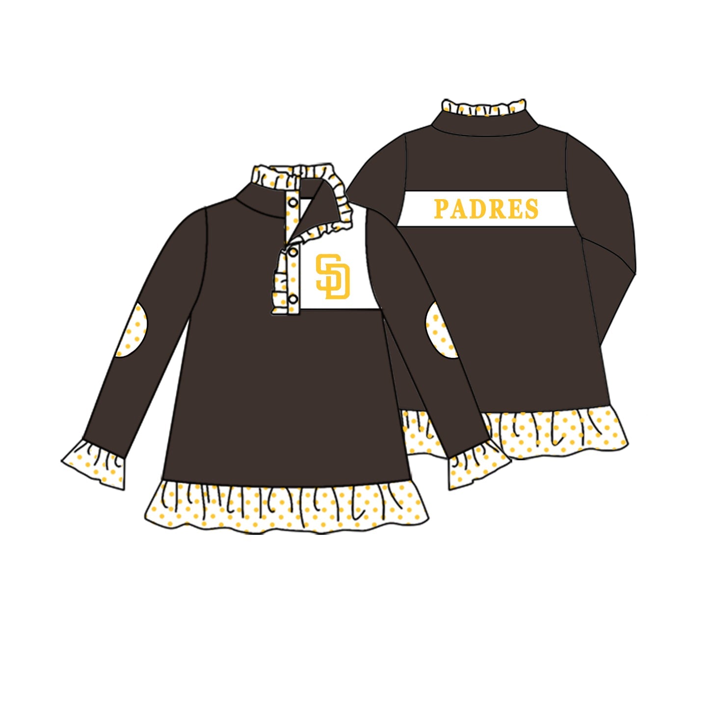 Preorder (moq 5)Baby Girls Black Long Ruffle Sleeve SD Padres Team Zip Pullovers Top