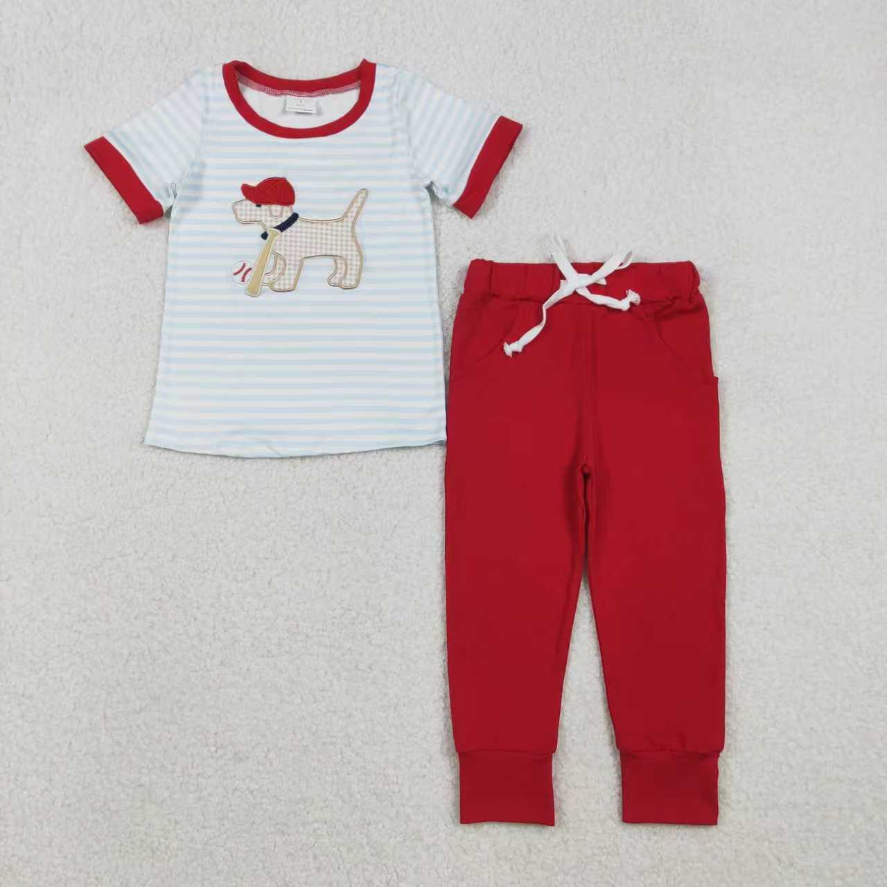 Sibling Baby Boys Embroidery Baseball Dogs Stripe Pockets Pants Team Set Footie Rompers