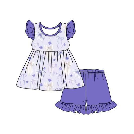 Preorder (moq 5)Baby Girls Lavender Bows Tunic Top Ruffle Shorts Clothes Sets