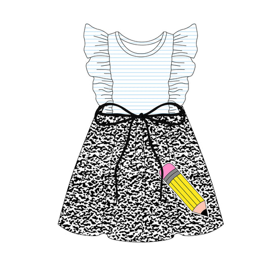 Preorder (moq 5)Baby Girls Blue Stripe Flutter Sleeves Cow Print Pencil Knee Length Dresses Preorder