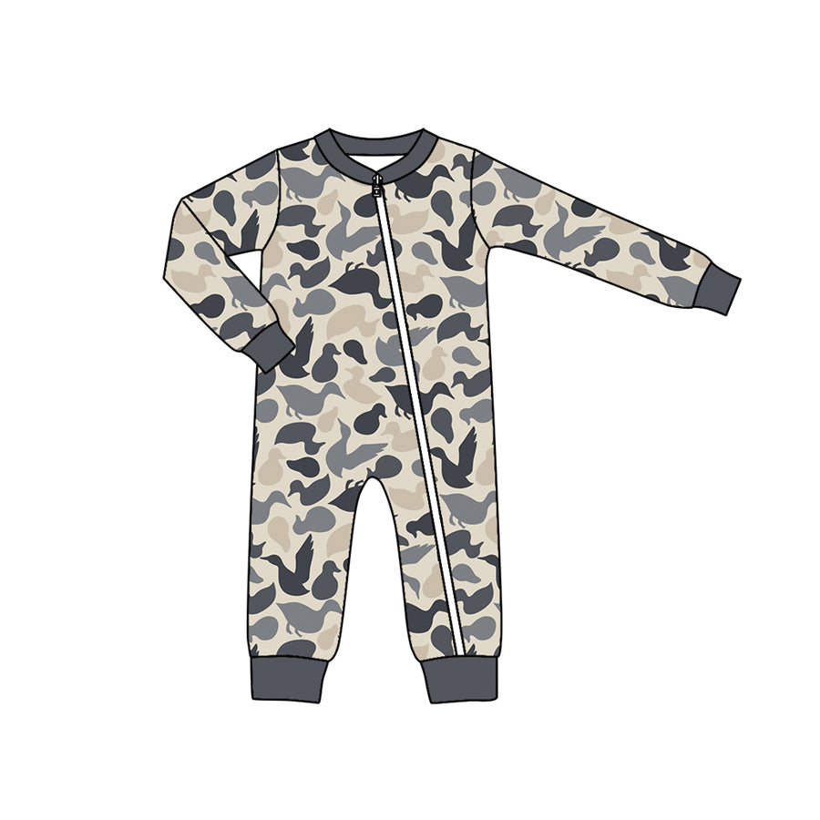 Baby Boys Grey Ducks Camo Long Sleeve Zip Rompers preorder(moq 5)