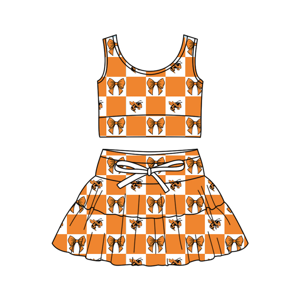 Preorder (moq 5)Baby Girls Orange Bows Hornets Checked Vest Skirt Short Team Clothes Sets