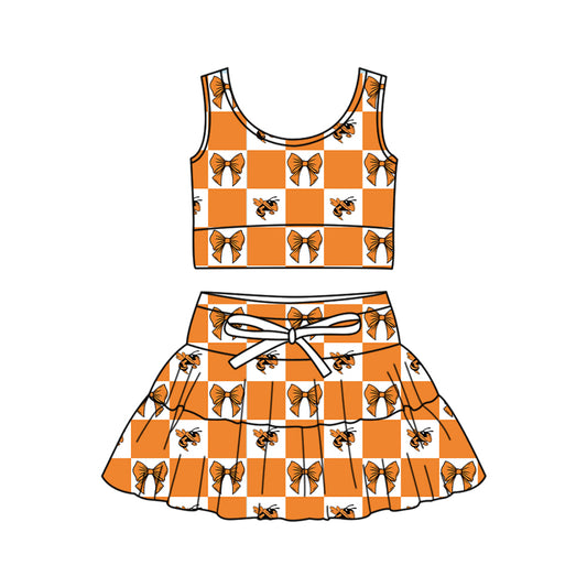 Preorder (moq 5)Baby Girls Orange Bows Hornets Checked Vest Skirt Short Team Clothes Sets