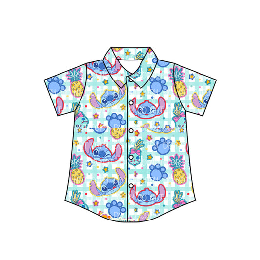 Preorder (moq 5)Baby Boys Short Sleeve Cartoon Bunny Checked Button Shirts Top