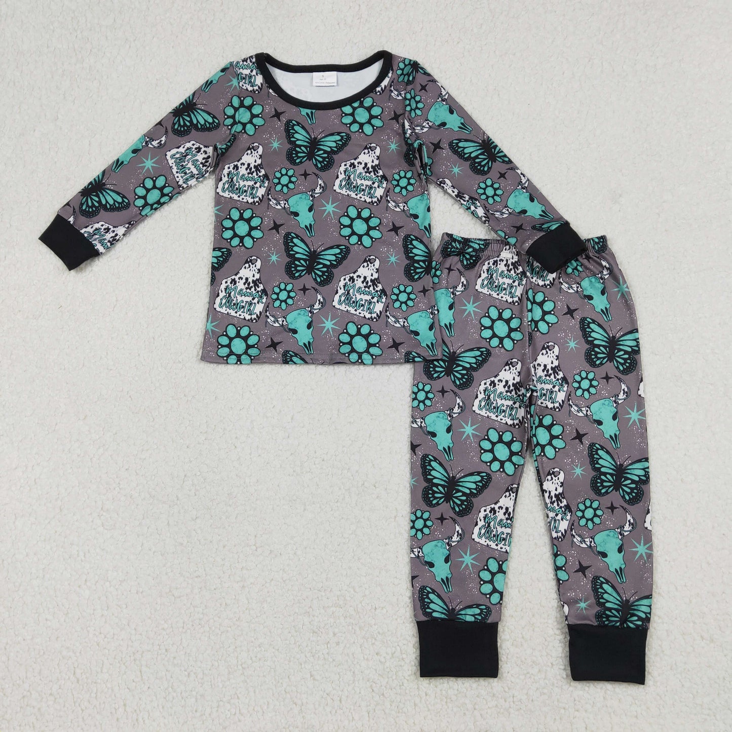 Baby Girls Bull Skulls Butterfly Turquoises Top Pants Western Pajamas Sets