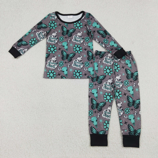 Baby Girls Bull Skulls Butterfly Turquoises Top Pants Western Pajamas Sets