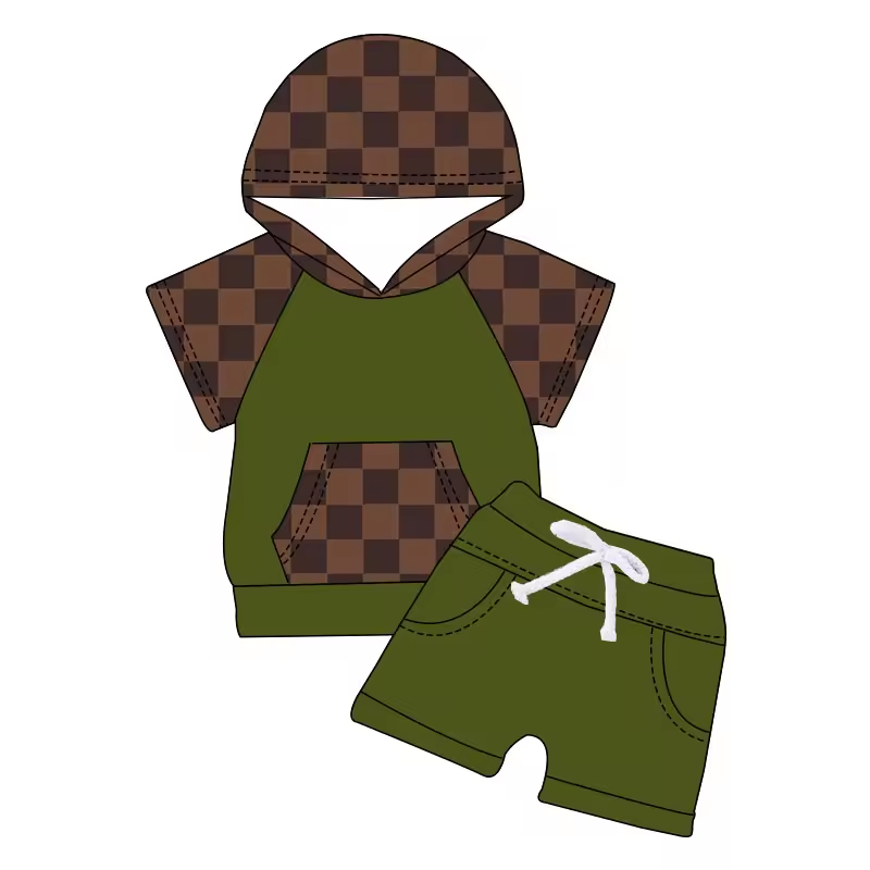 Baby Boys Brown Checkered Hooded Top Shorts Clothes Sets preorder (moq 5)