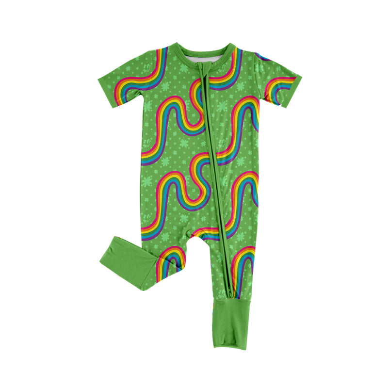 Boys St Patrick Day Quatrefoil Rainbow Zip Rompers preorder(moq 5)