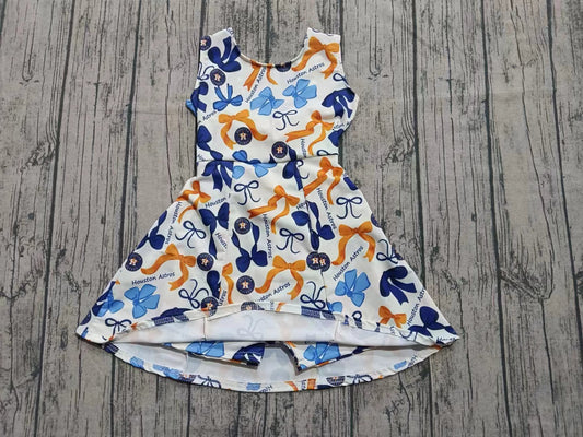 Preorder (moq 5)Baby Girls Blue Orange Bows Plaid Houston Astros Short Team Knee Length Dresses