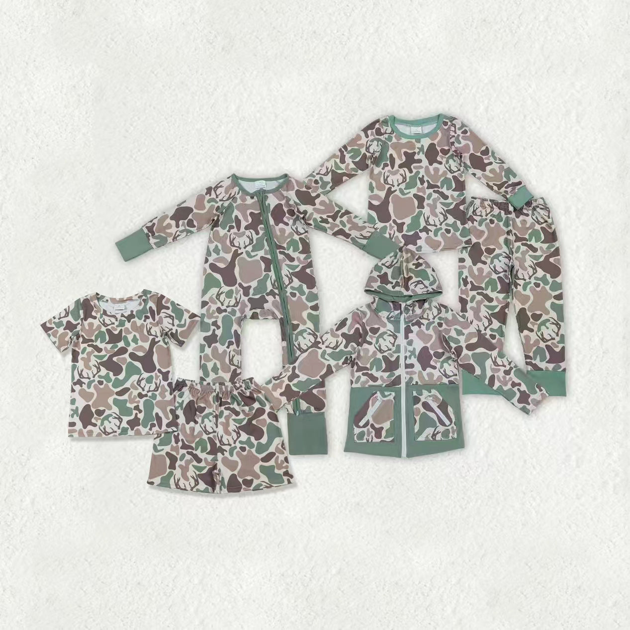 Sibling Baby Boys Green Brown Deer Camo Hunting Pajamas Sets Zipper Rompers Hoodies Top