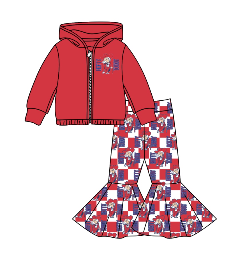 Preorder(moq 5) Baby Girls Red Hotty Toddy Zipper Hoodie Jacket Bell Bottom Pants Team Clothes Sets