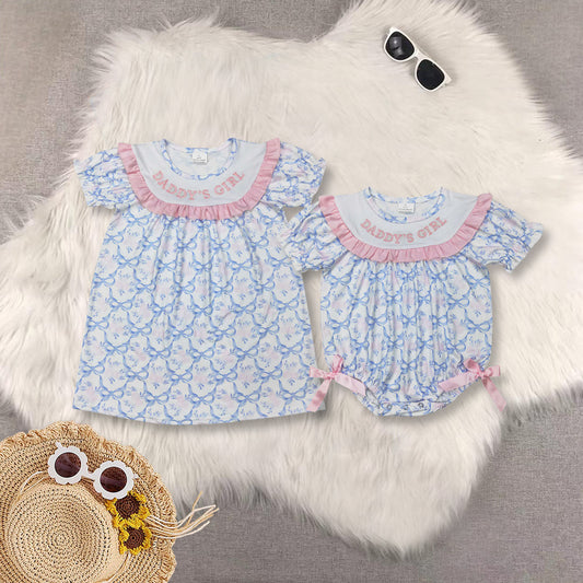 Sibling Baby Girls Embroidery DADDY'S GIRL Bows Floral Plaid Knee Length Dress Rompers