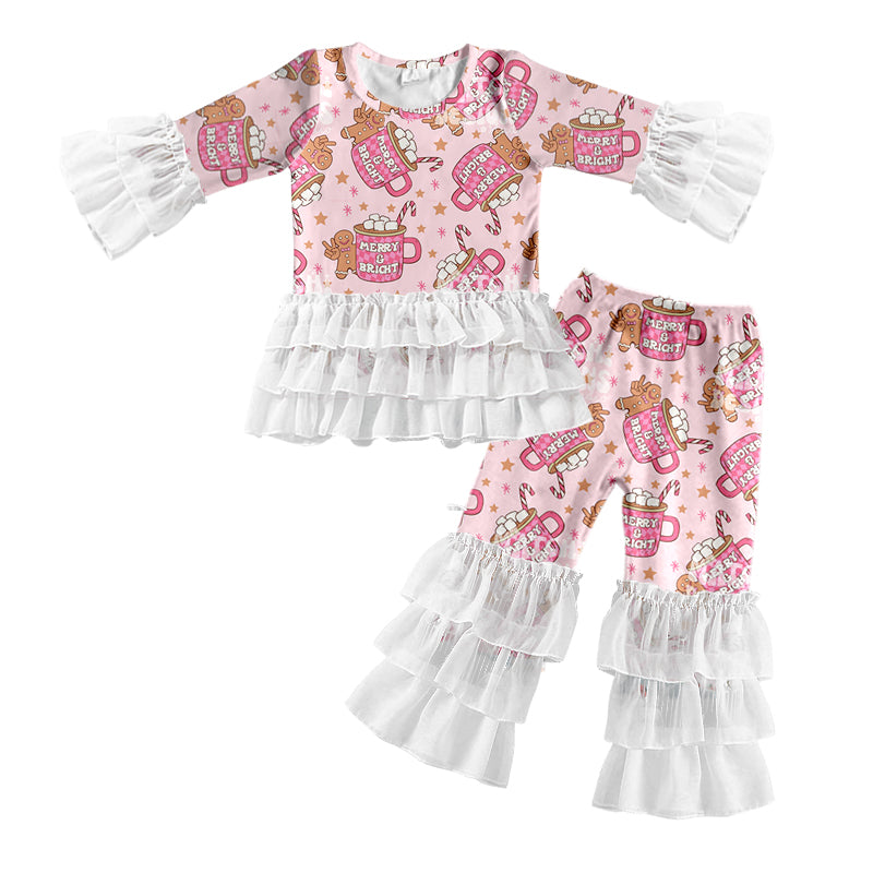 Baby Girls Christmas Coffee Cup Ruffle Top Pants Clothes Sets preorder(MOQ 5)