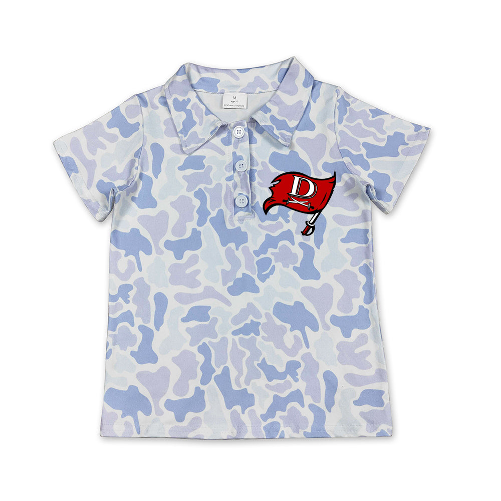 Preorder (moq 5)Baby Boys Light Blue Camo Deweyvilles Pirates Team Button Polo Shirt Top