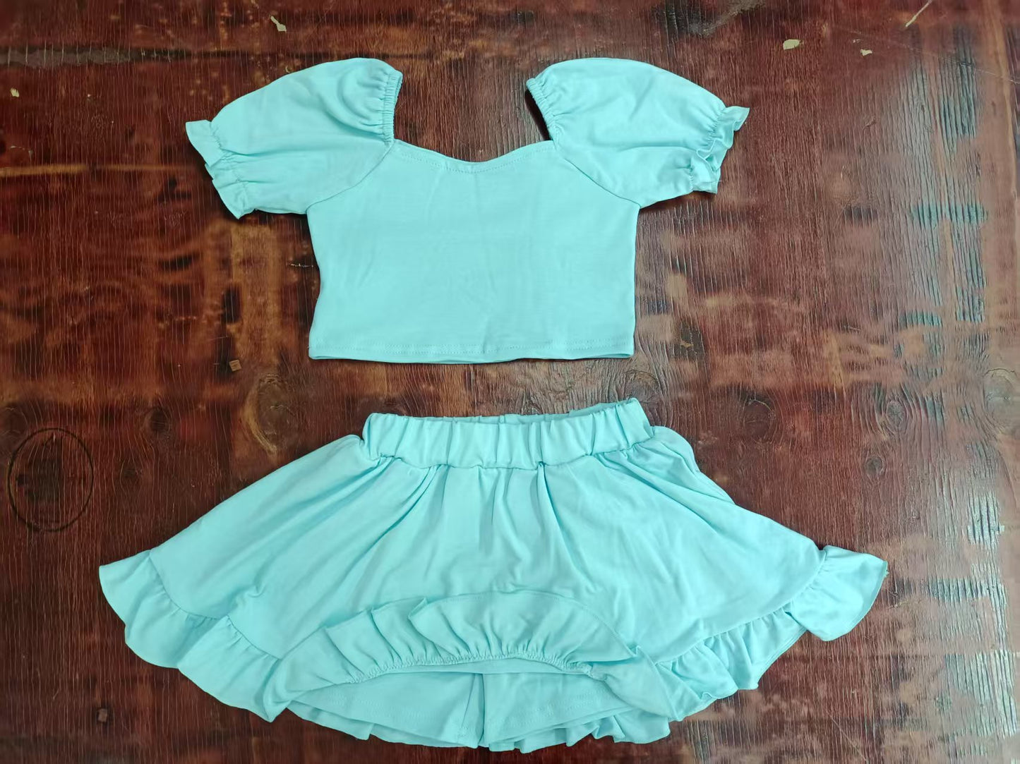Preorder moq 5 Baby Girls Blue Short Ruffle Sleeves Top Ruffle Skorts Set