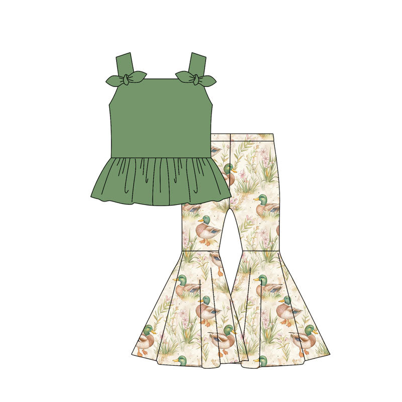 Preorder moq 5 Baby Girls Green Strap Bows Tunic Ducks Bell Bottom Pants Set